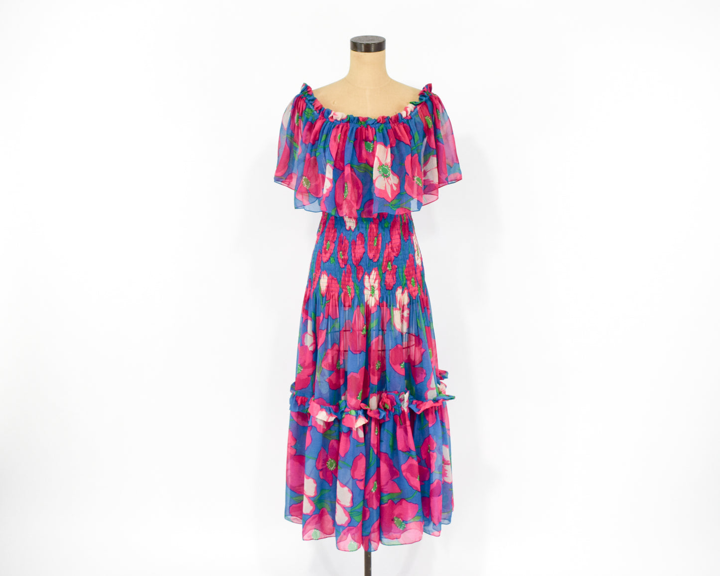 1970s Fuchsia Pink & Blue Floral Print Party Dress, Small