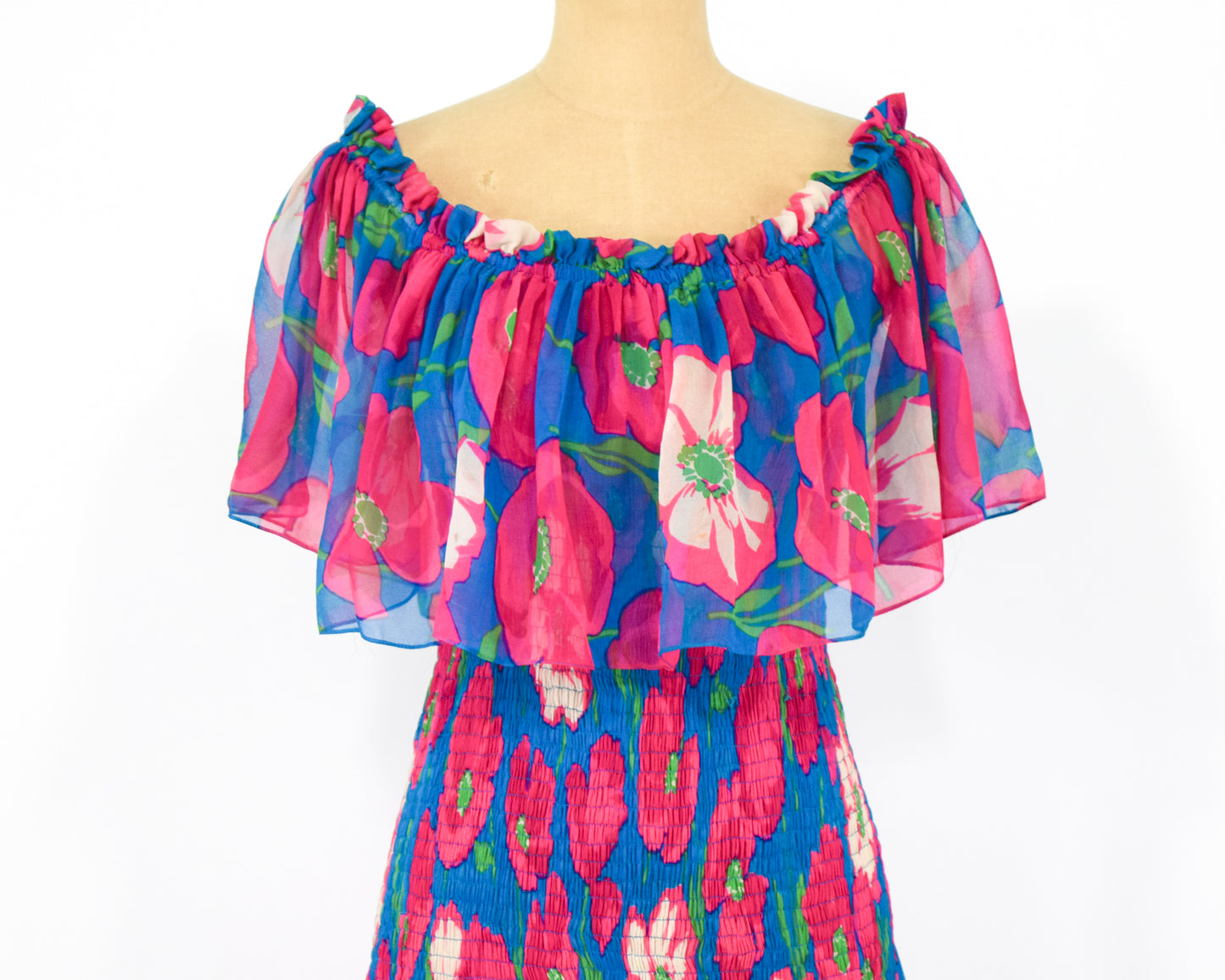 1970s Fuchsia Pink & Blue Floral Print Party Dress, Small