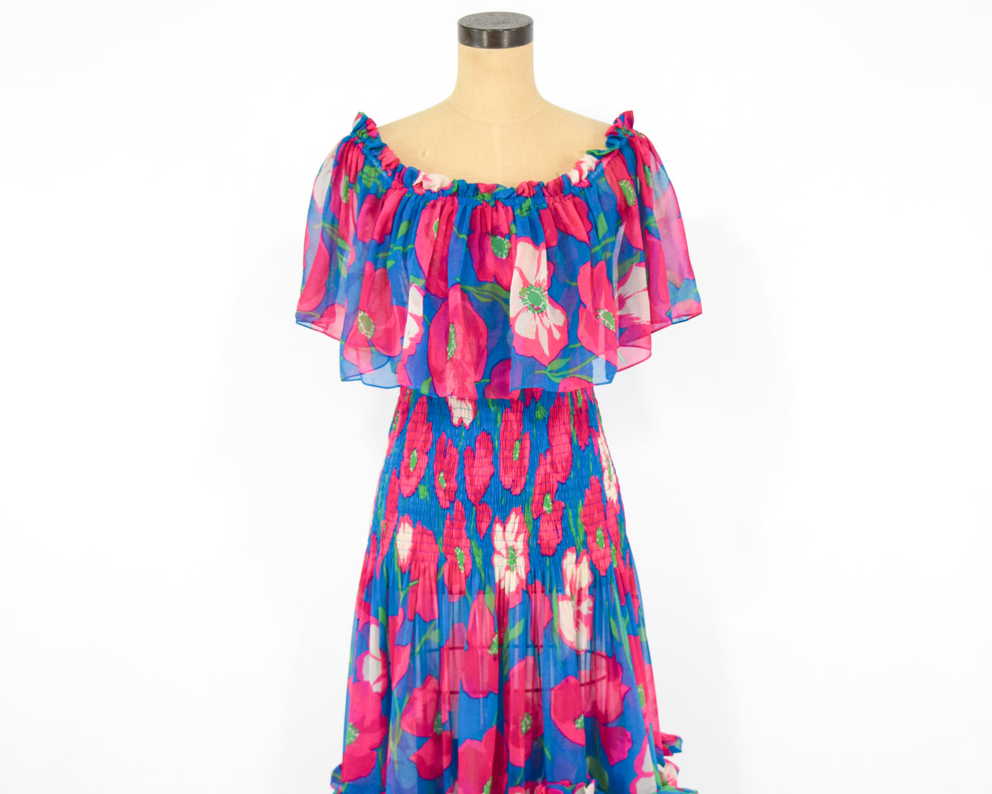1970s Fuchsia Pink & Blue Floral Print Party Dress, Small