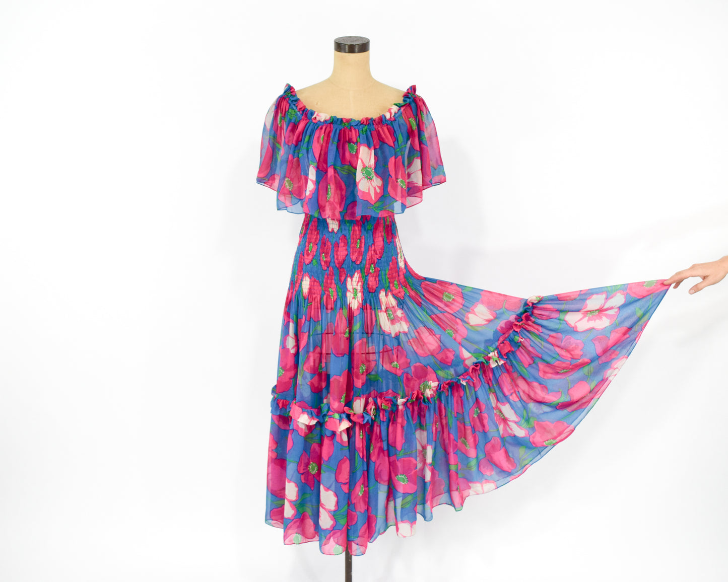 1970s Fuchsia Pink & Blue Floral Print Party Dress, Small