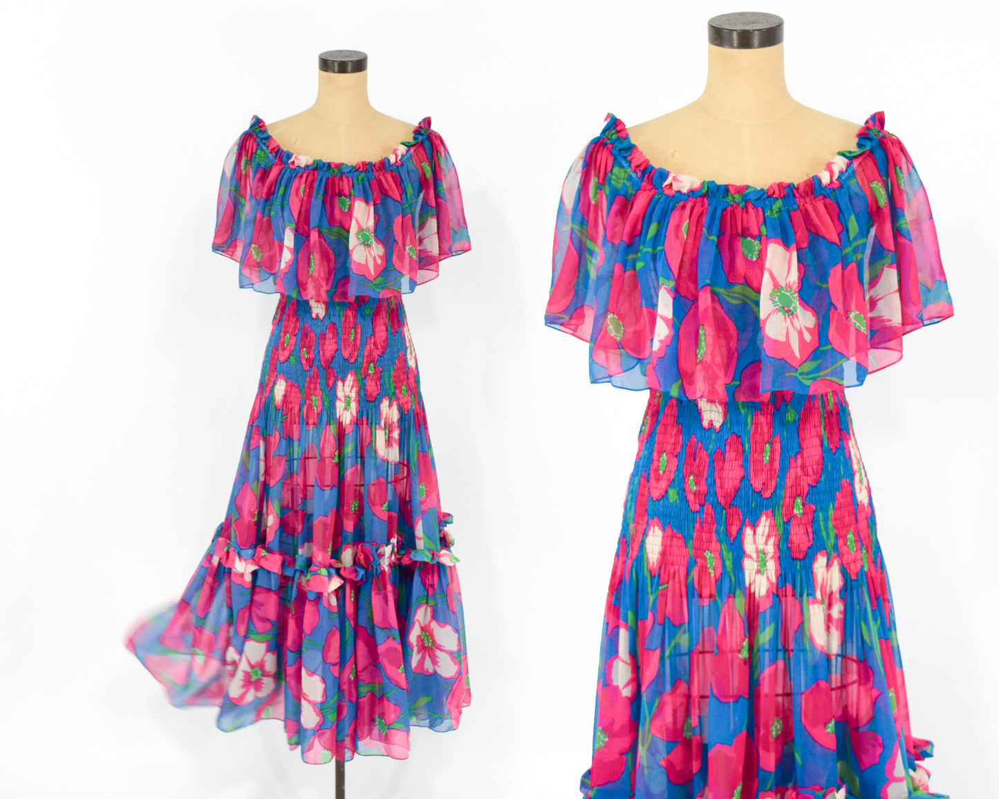 1970s Fuchsia Pink & Blue Floral Print Party Dress, Small