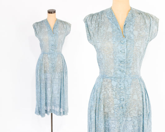 1940s Blue Print Day Dress Small