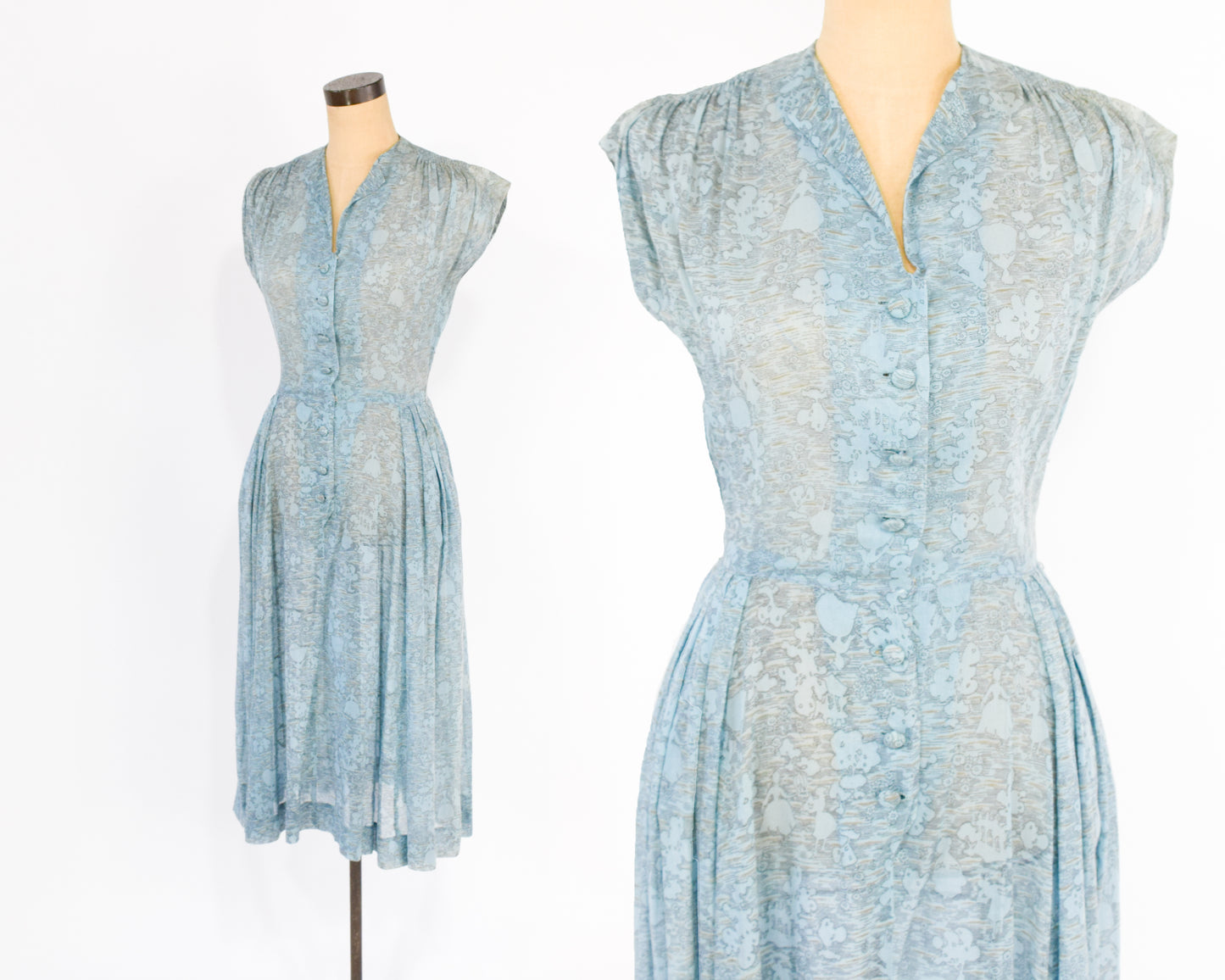 1940s Blue Print Day Dress Small