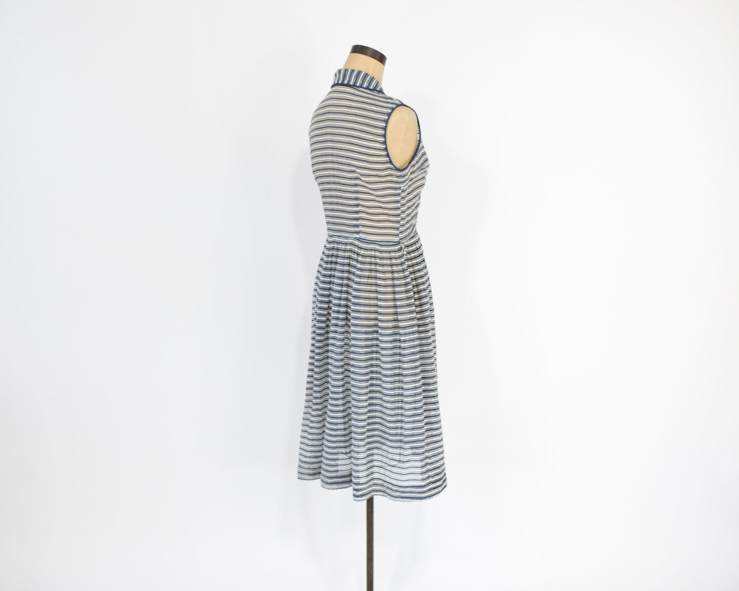 1940s Blue Striped Dress | Midcentury Sheer Striped Day Dress