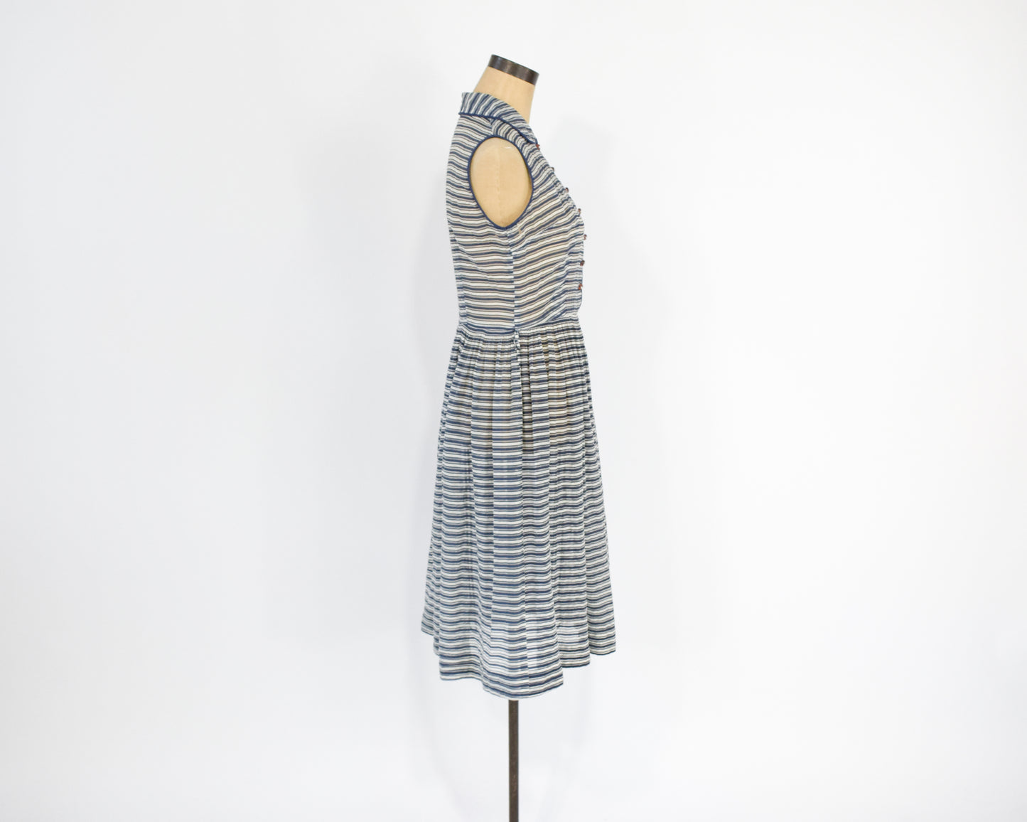 1940s Blue Striped Dress | Midcentury Sheer Striped Day Dress