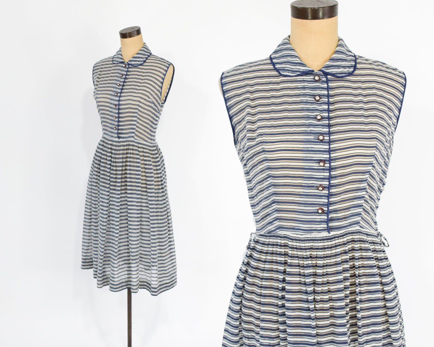 1940s Blue Striped Dress | Midcentury Sheer Striped Day Dress