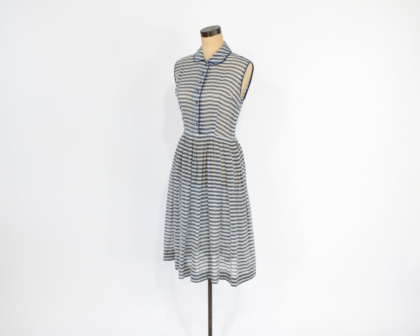 1940s Blue Striped Dress | Midcentury Sheer Striped Day Dress