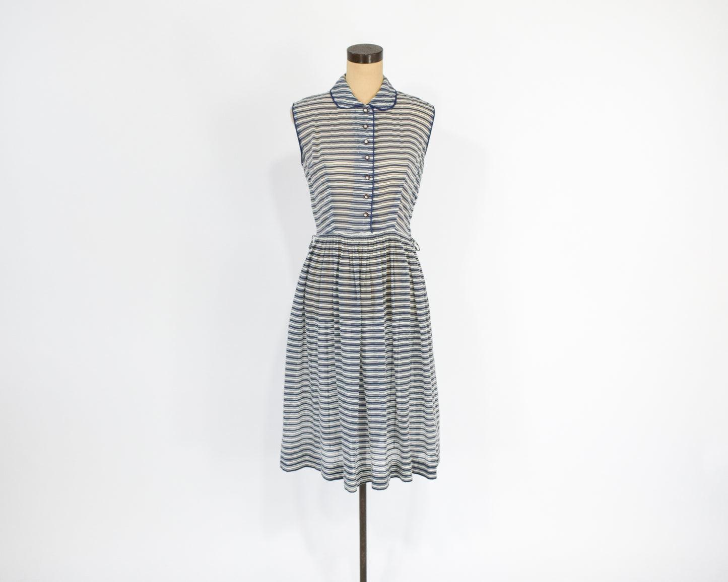 1940s Blue Striped Dress | Midcentury Sheer Striped Day Dress