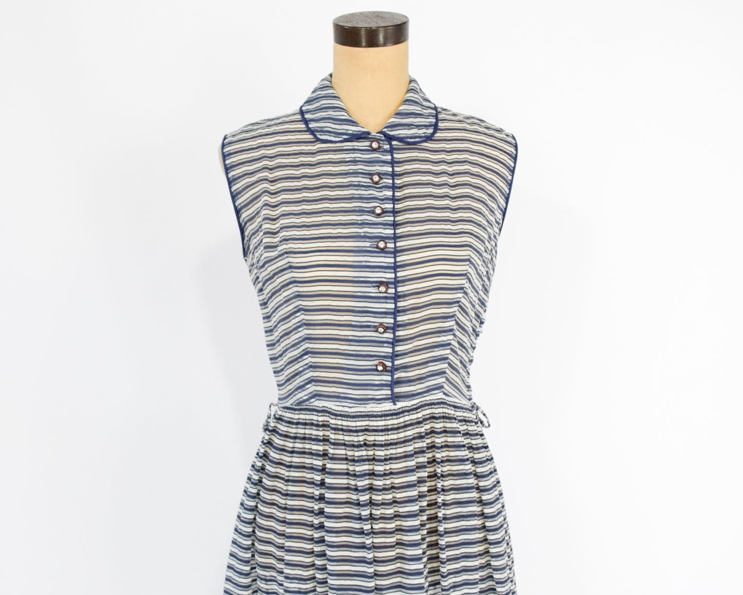 1940s Blue Striped Dress | Midcentury Sheer Striped Day Dress