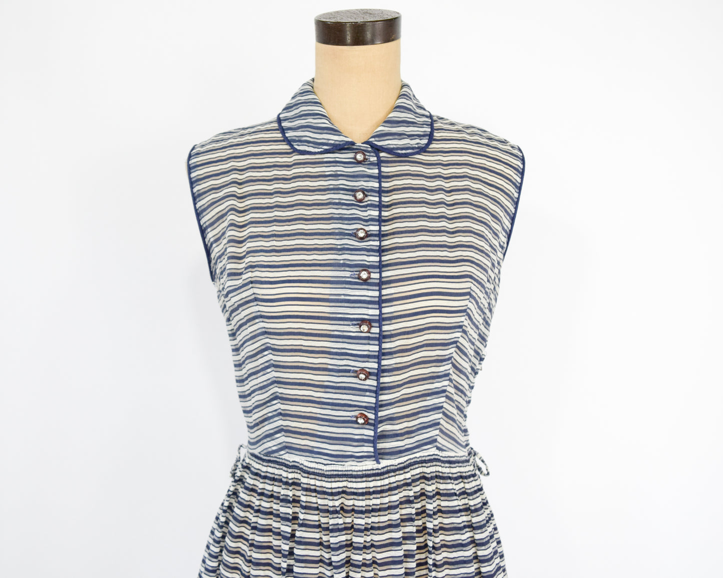 1940s Blue Striped Dress | Midcentury Sheer Striped Day Dress