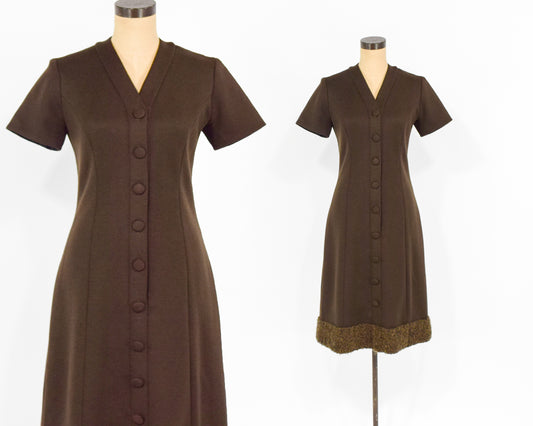 1960s Brown Wool Fur Trim Dress