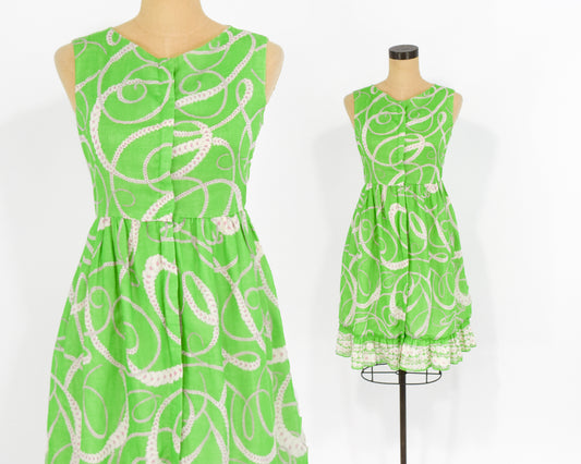 1960s Lime Green Print Cotton Day Dress Small