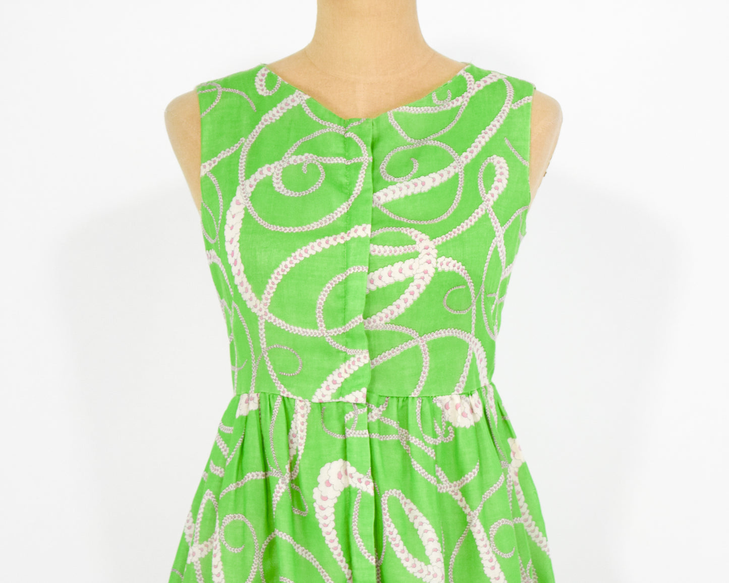 1960s Lime Green Print Cotton Day Dress Small