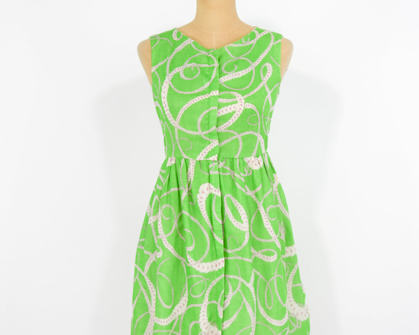 1960s Lime Green Print Cotton Day Dress Small