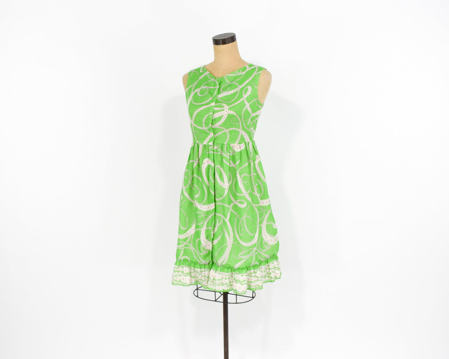 1960s Lime Green Print Cotton Day Dress Small