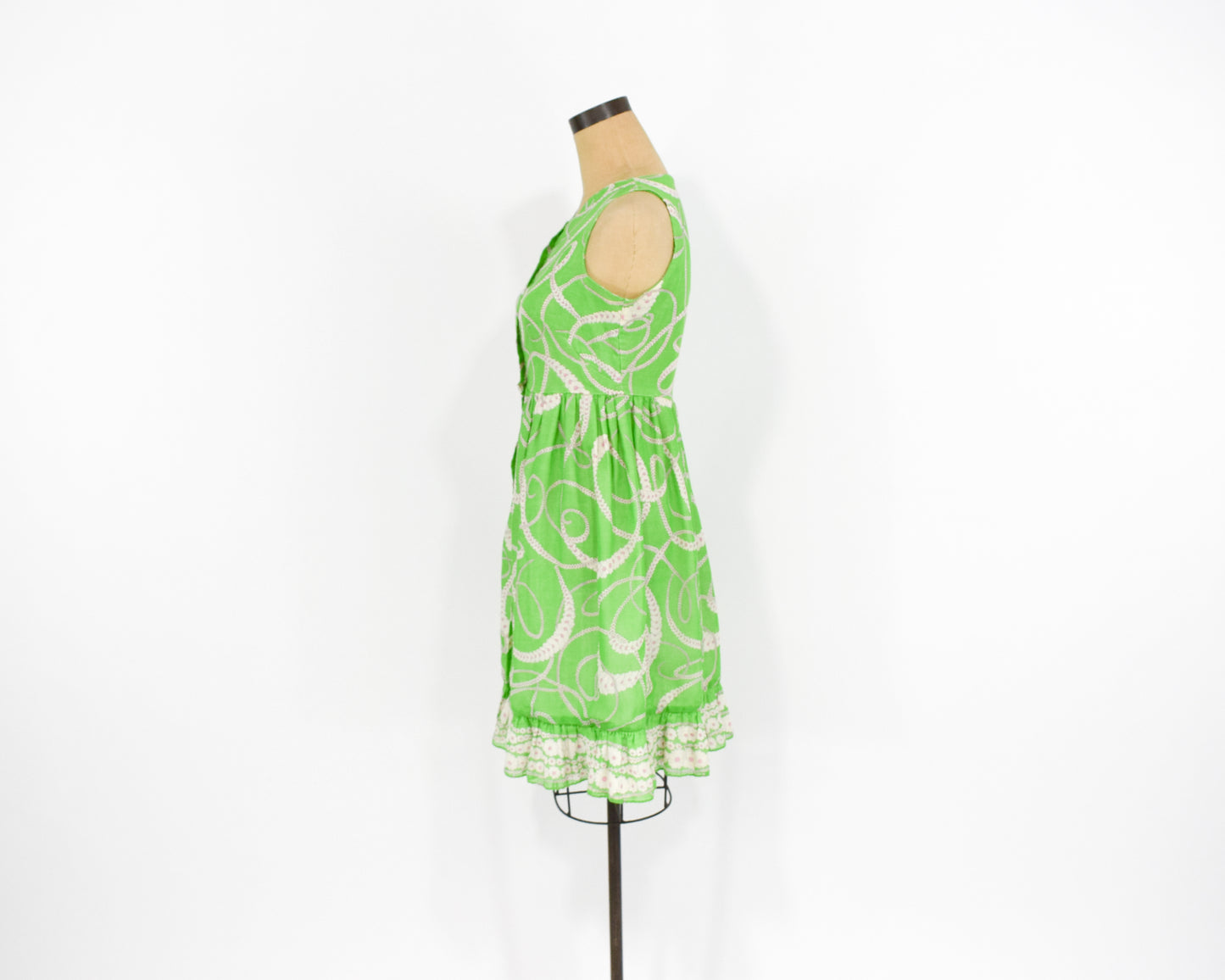 1960s Lime Green Print Cotton Day Dress Small