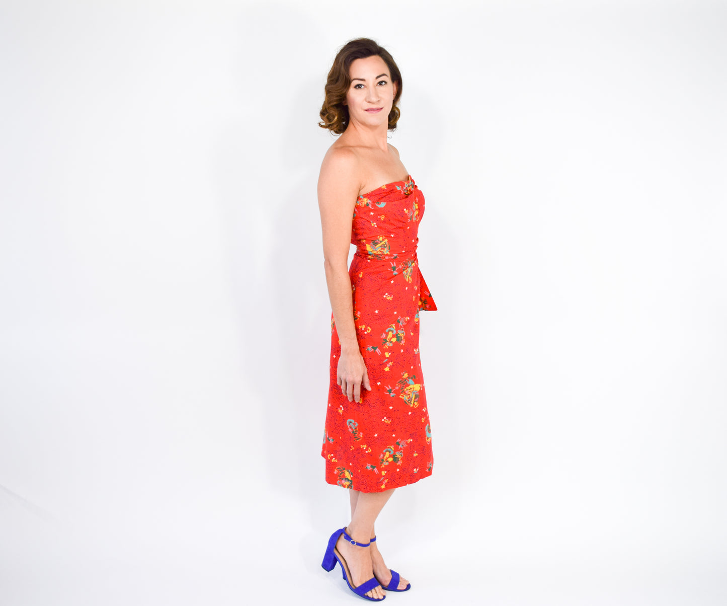 1940s Red Novelty Print Dress, Fairy Print, XS