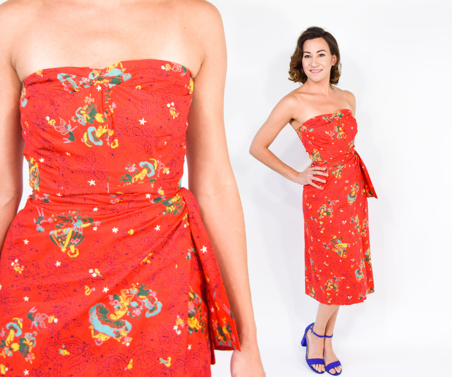 1940s Red Novelty Print Dress, Fairy Print, XS