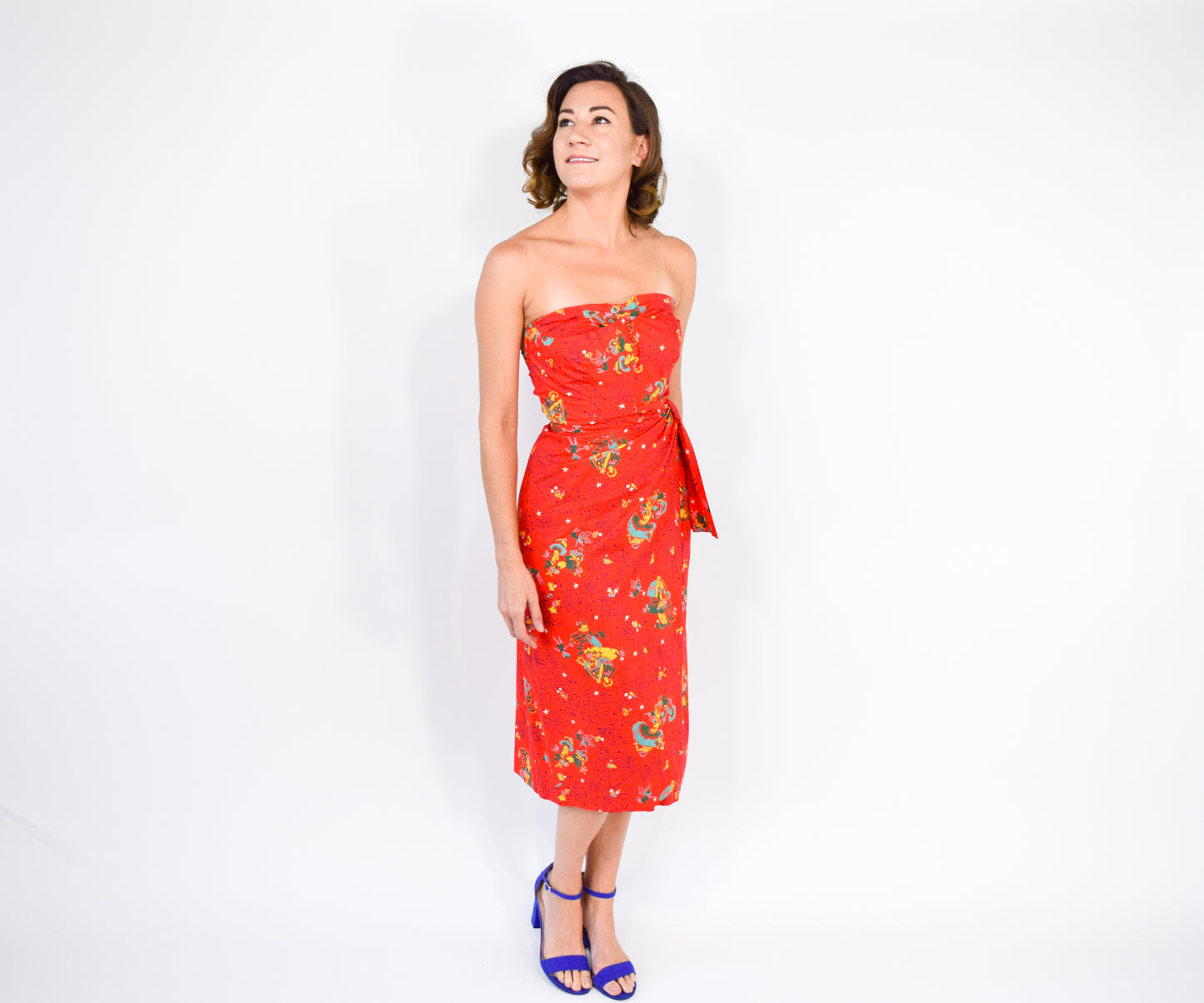 1940s Red Novelty Print Dress, Fairy Print, XS