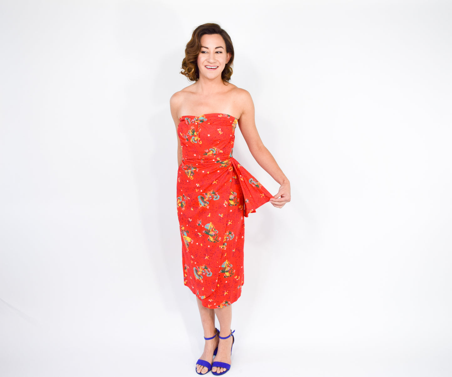 1940s Red Novelty Print Dress, Fairy Print, XS