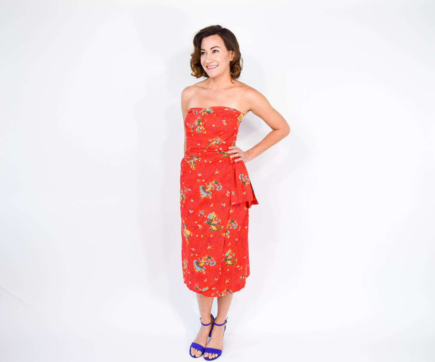 1940s Red Novelty Print Dress, Fairy Print, XS