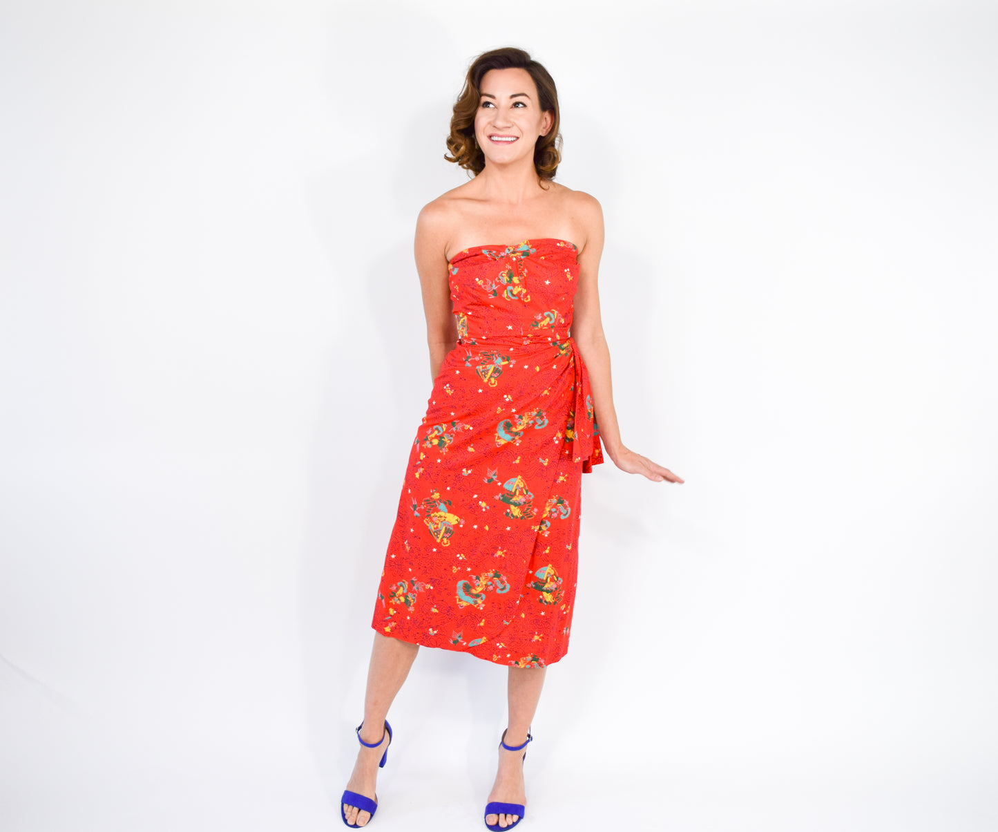 1940s Red Novelty Print Dress, Fairy Print, XS