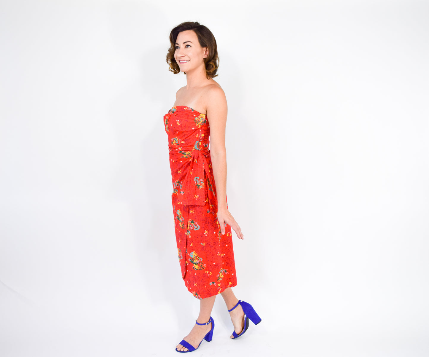 1940s Red Novelty Print Dress, Fairy Print, XS