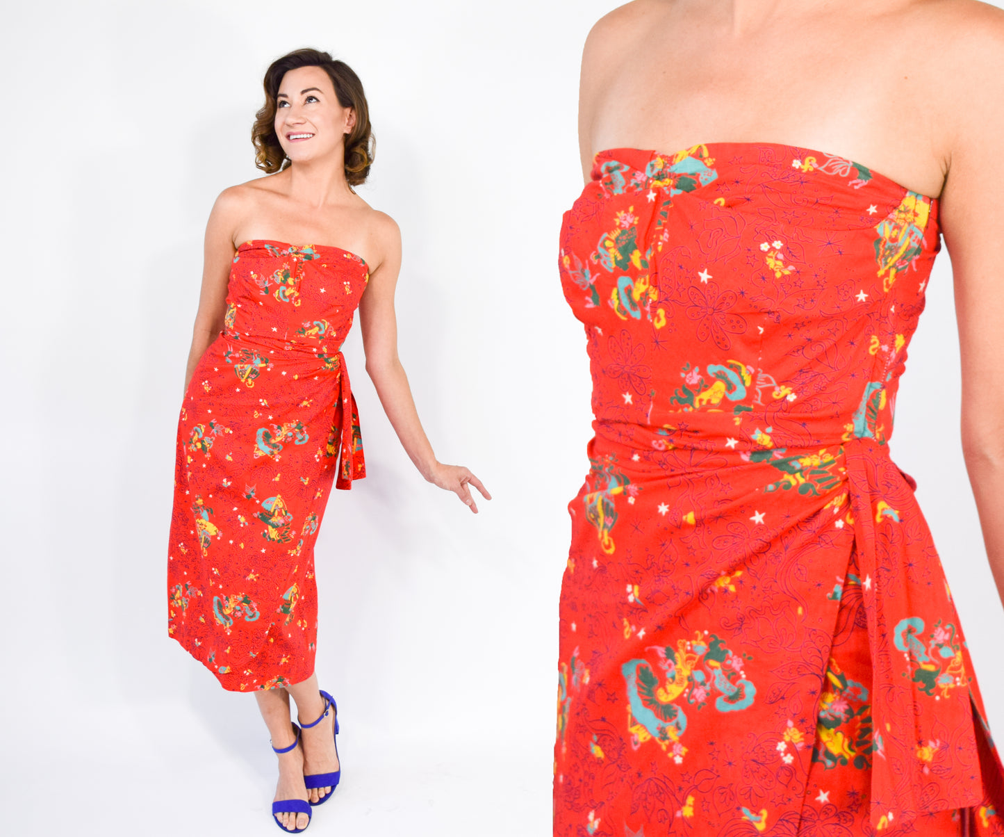 1940s Red Novelty Print Dress, Fairy Print, XS