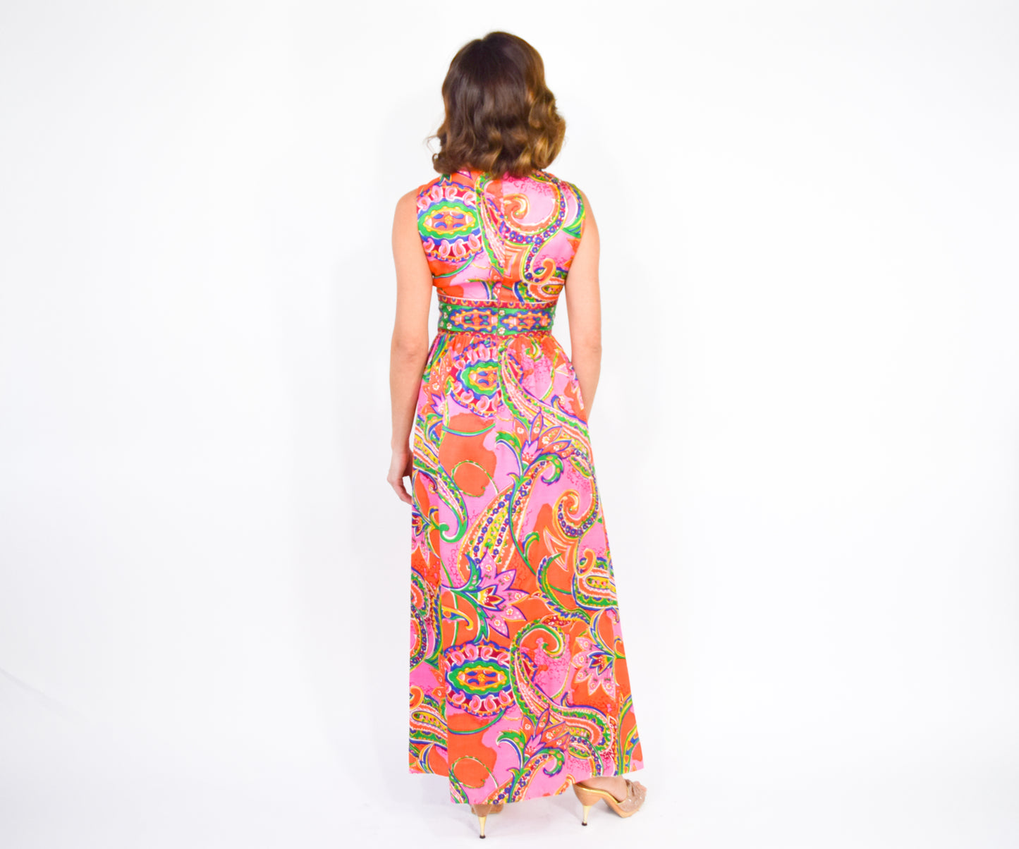 1960s Orange Print Hostess Maxi Dress