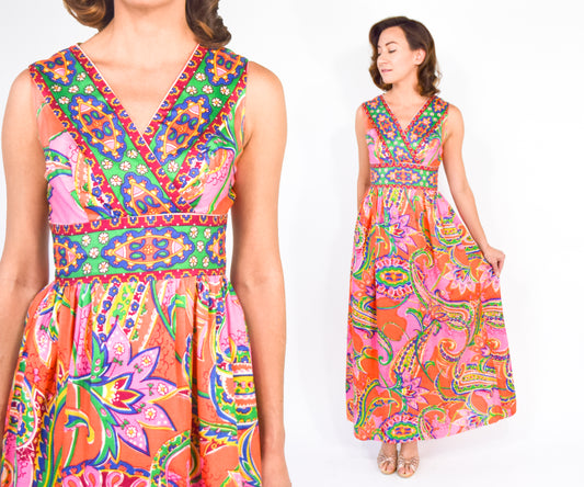 1960s Orange Print Hostess Maxi Dress