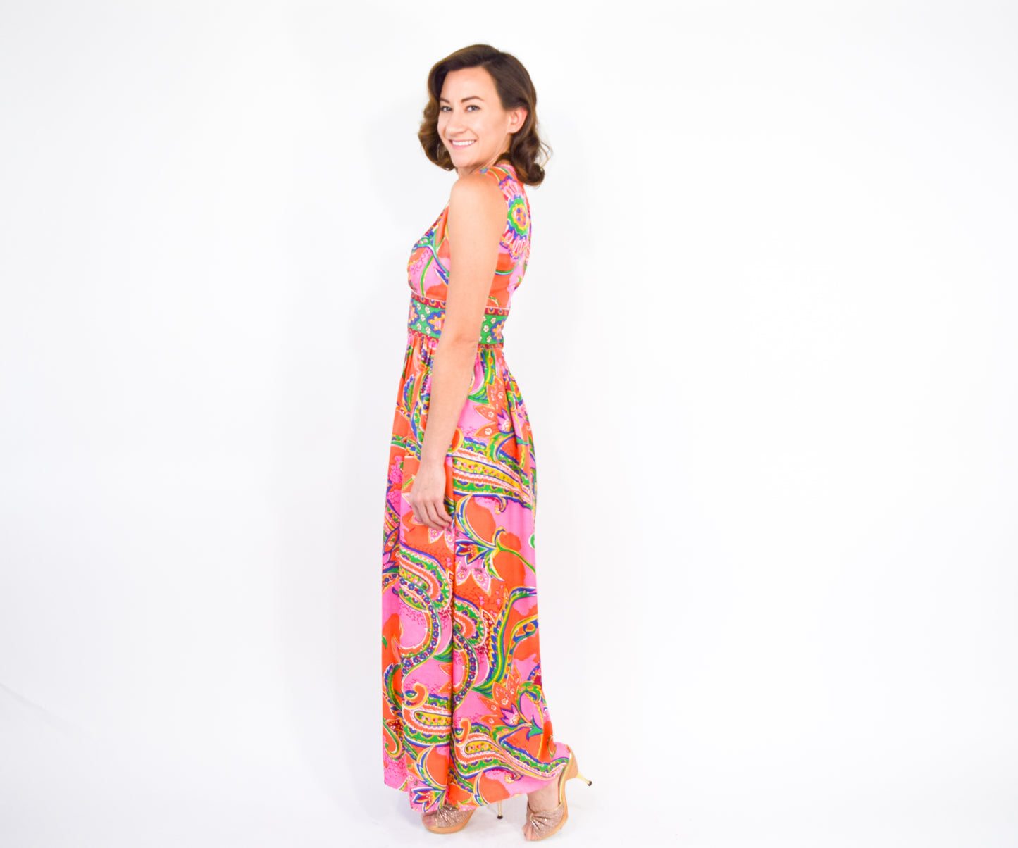 1960s Orange Print Hostess Maxi Dress