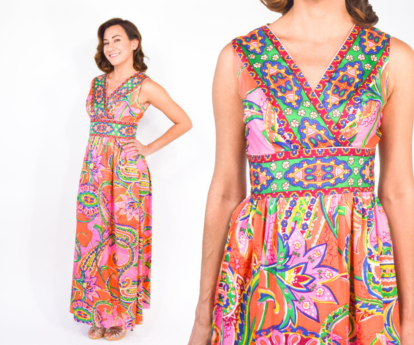 1960s Orange Print Hostess Maxi Dress