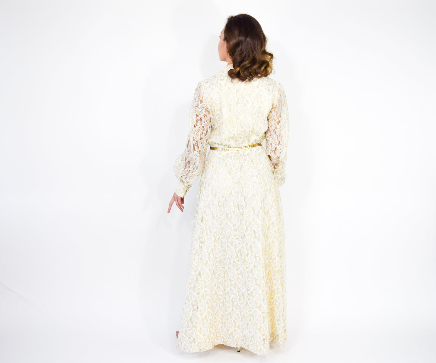 1970s Gold & White Lace Maxi Hostess Dress, Large