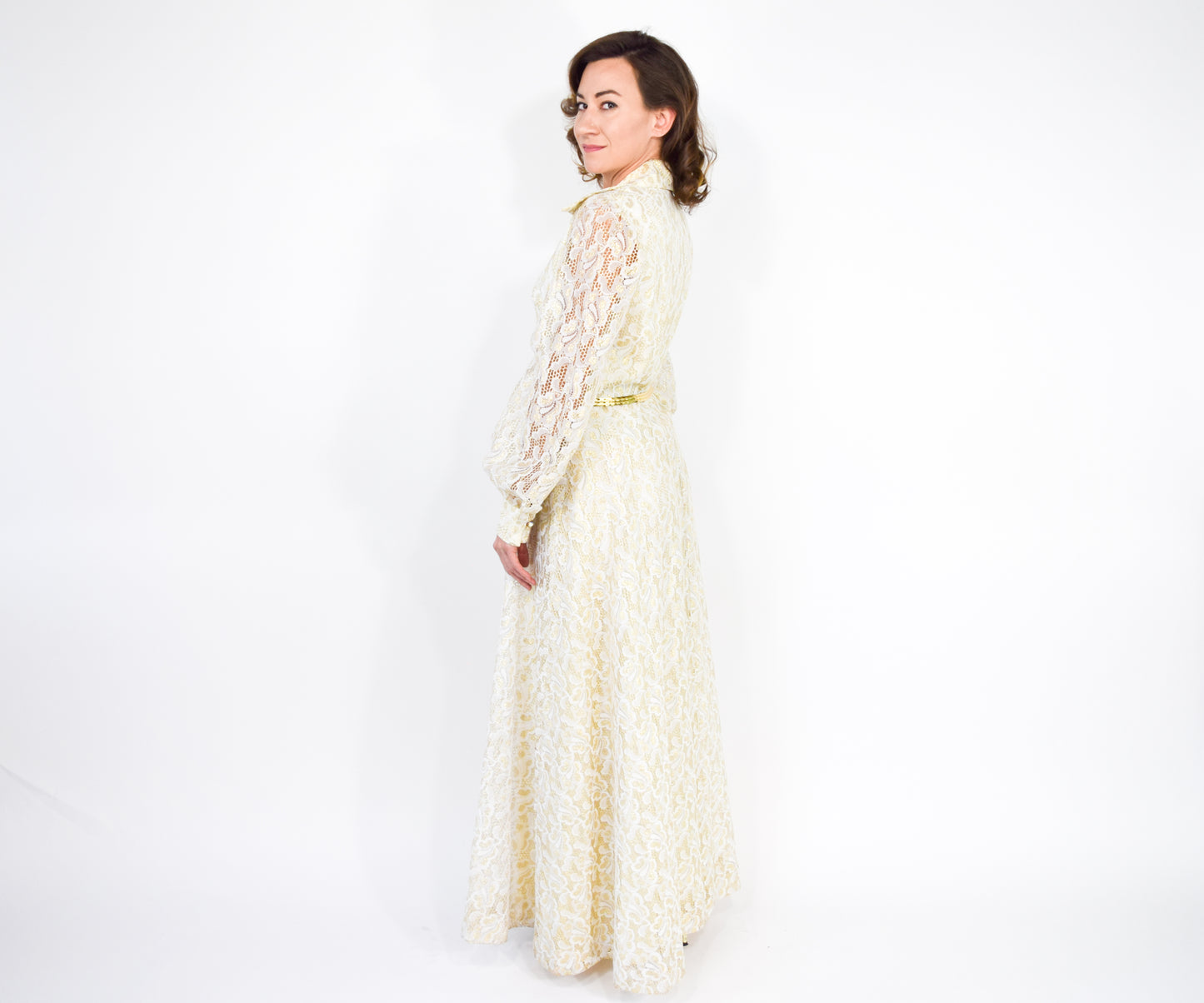 1970s Gold & White Lace Maxi Hostess Dress, Large