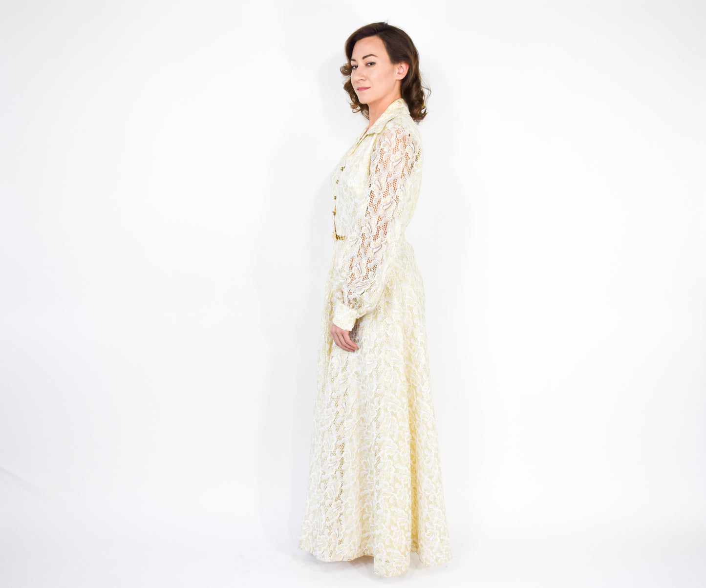1970s Gold & White Lace Maxi Hostess Dress, Large