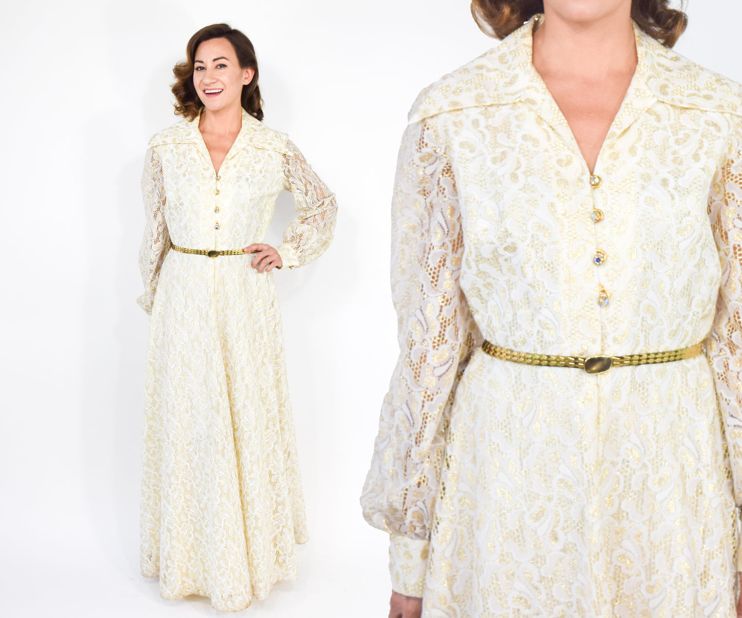 1970s Gold & White Lace Maxi Hostess Dress, Large