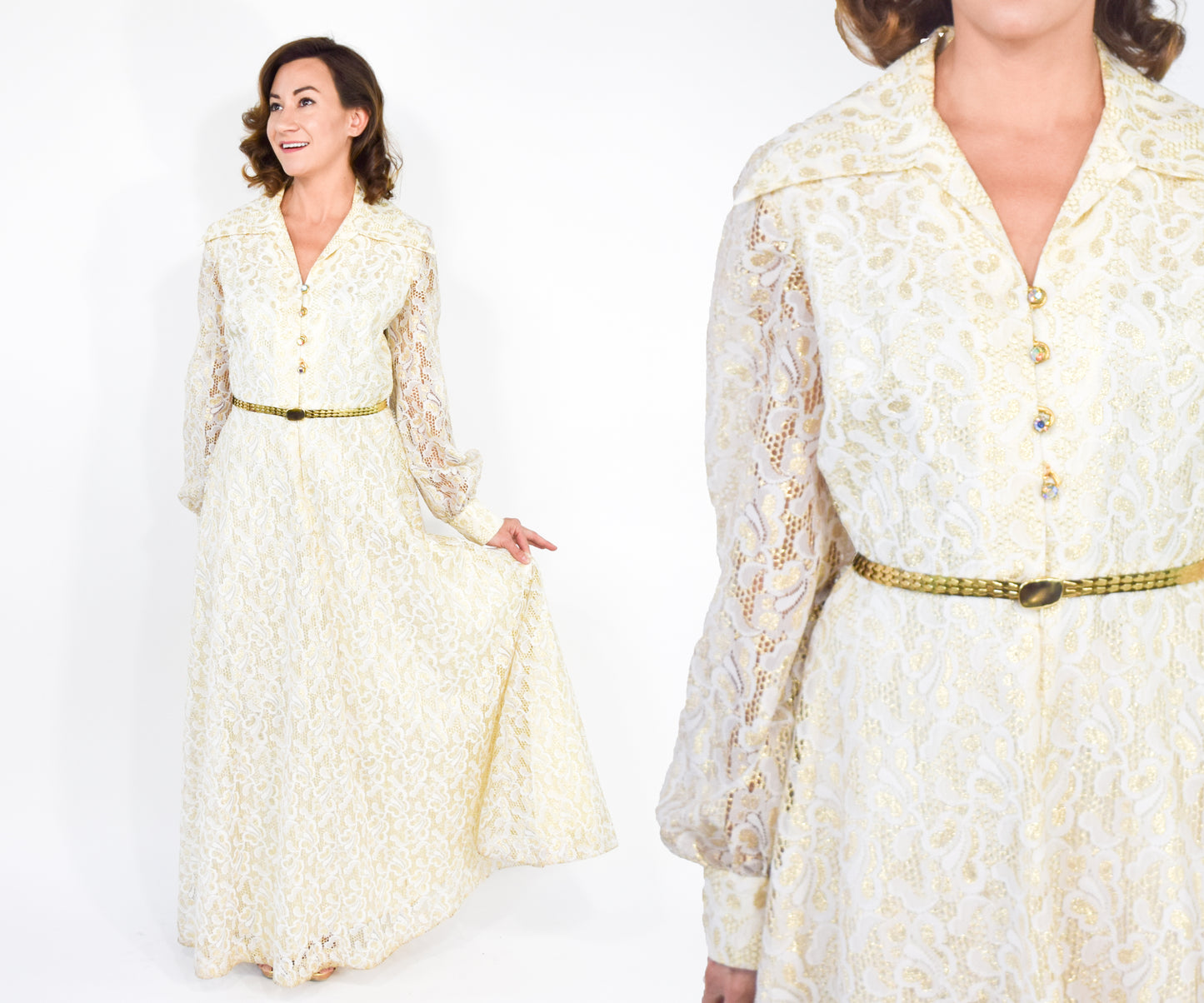1970s Gold & White Lace Maxi Hostess Dress, Large