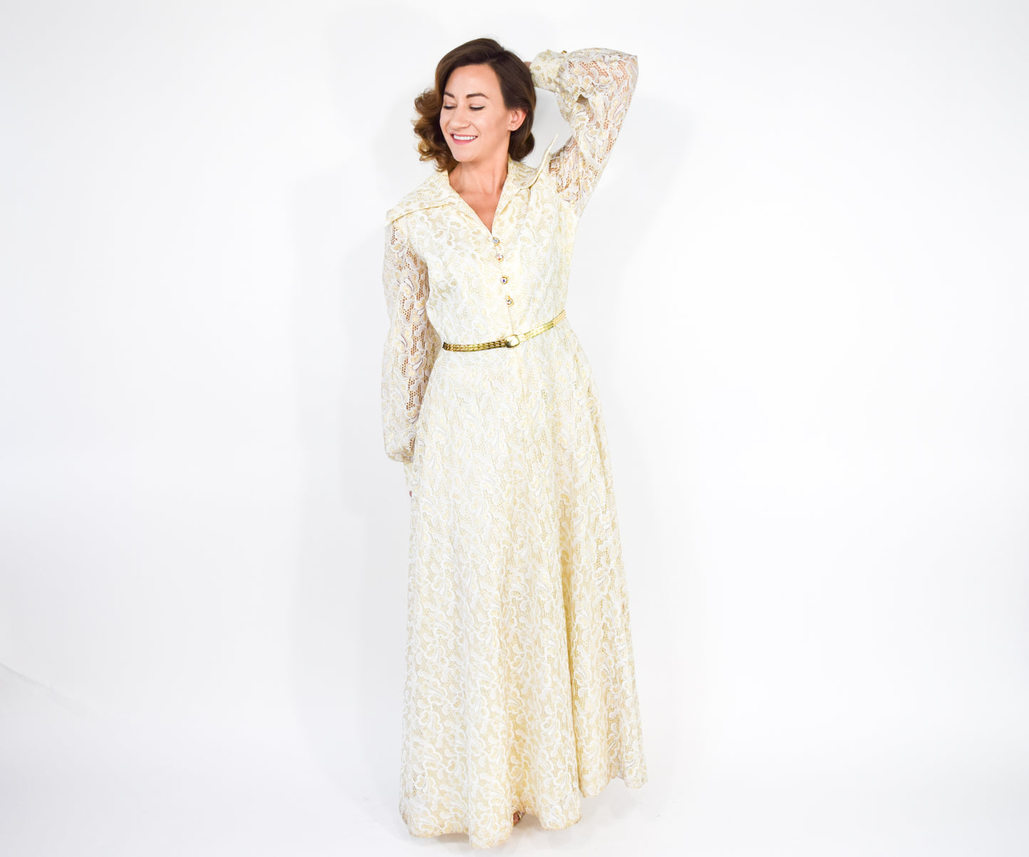 1970s Gold & White Lace Maxi Hostess Dress, Large