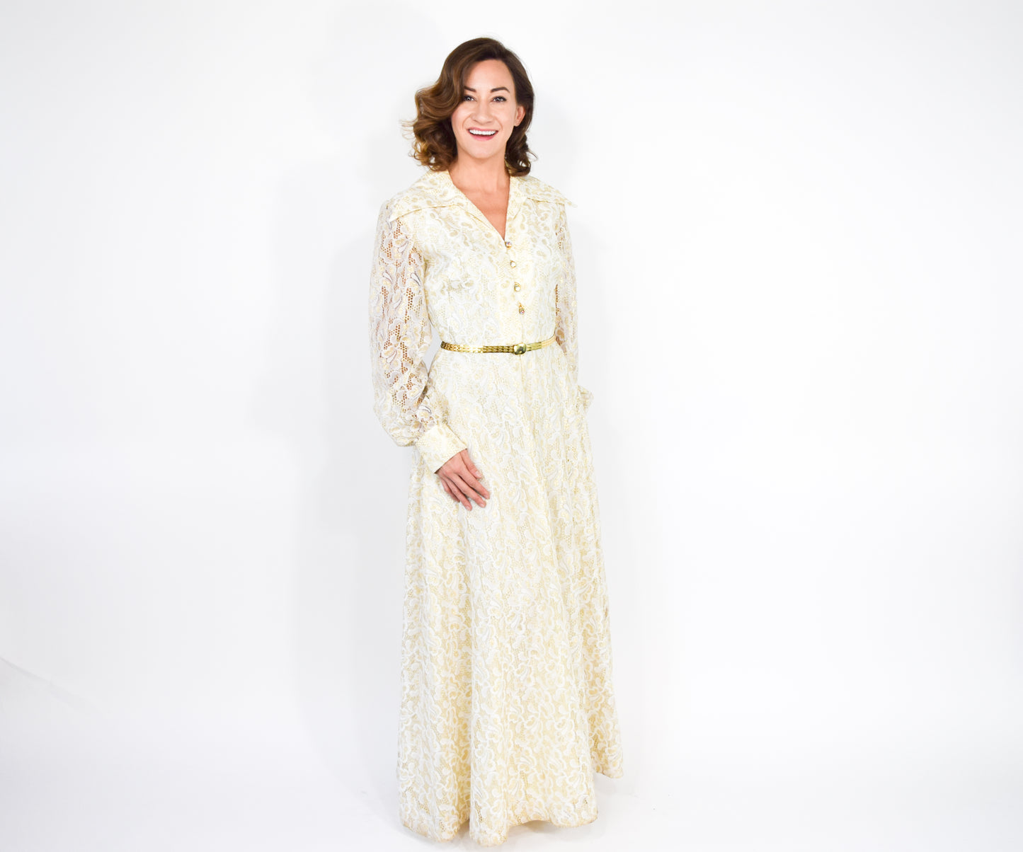 1970s Gold & White Lace Maxi Hostess Dress, Large