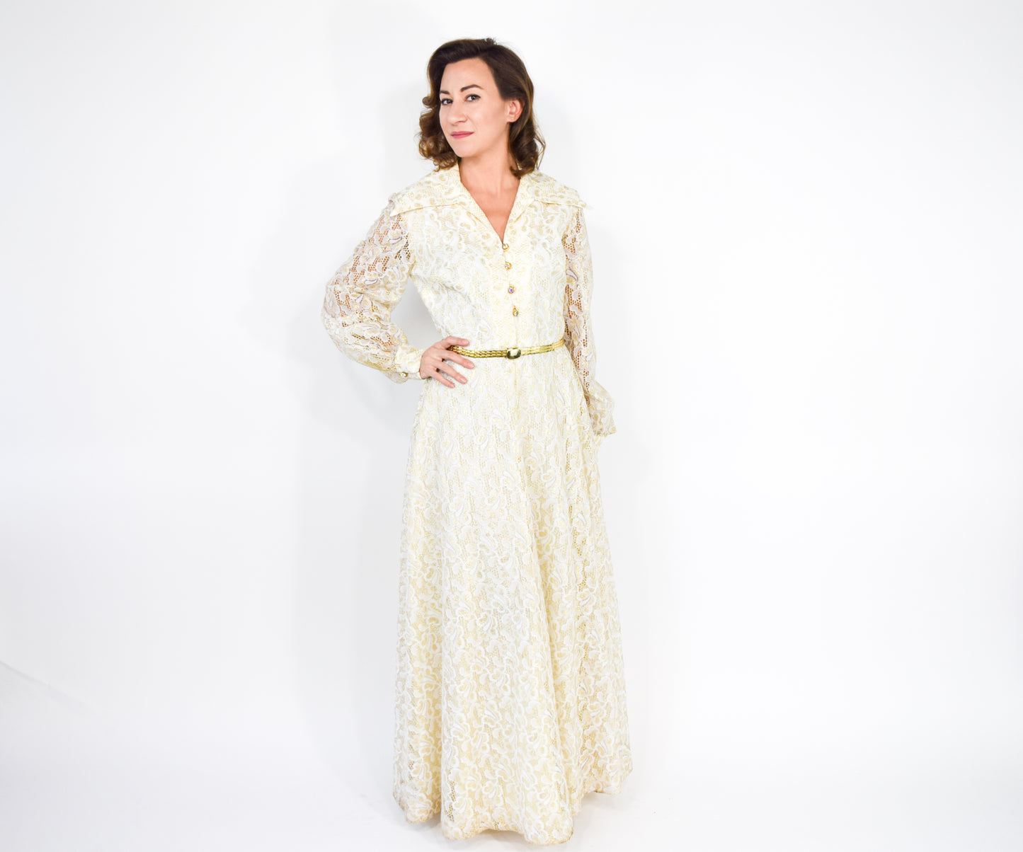 1970s Gold & White Lace Maxi Hostess Dress, Large