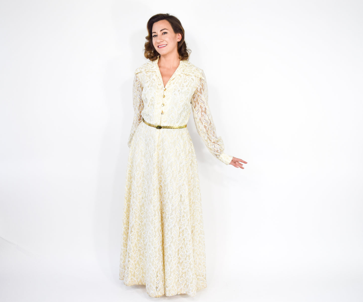 1970s Gold & White Lace Maxi Hostess Dress, Large