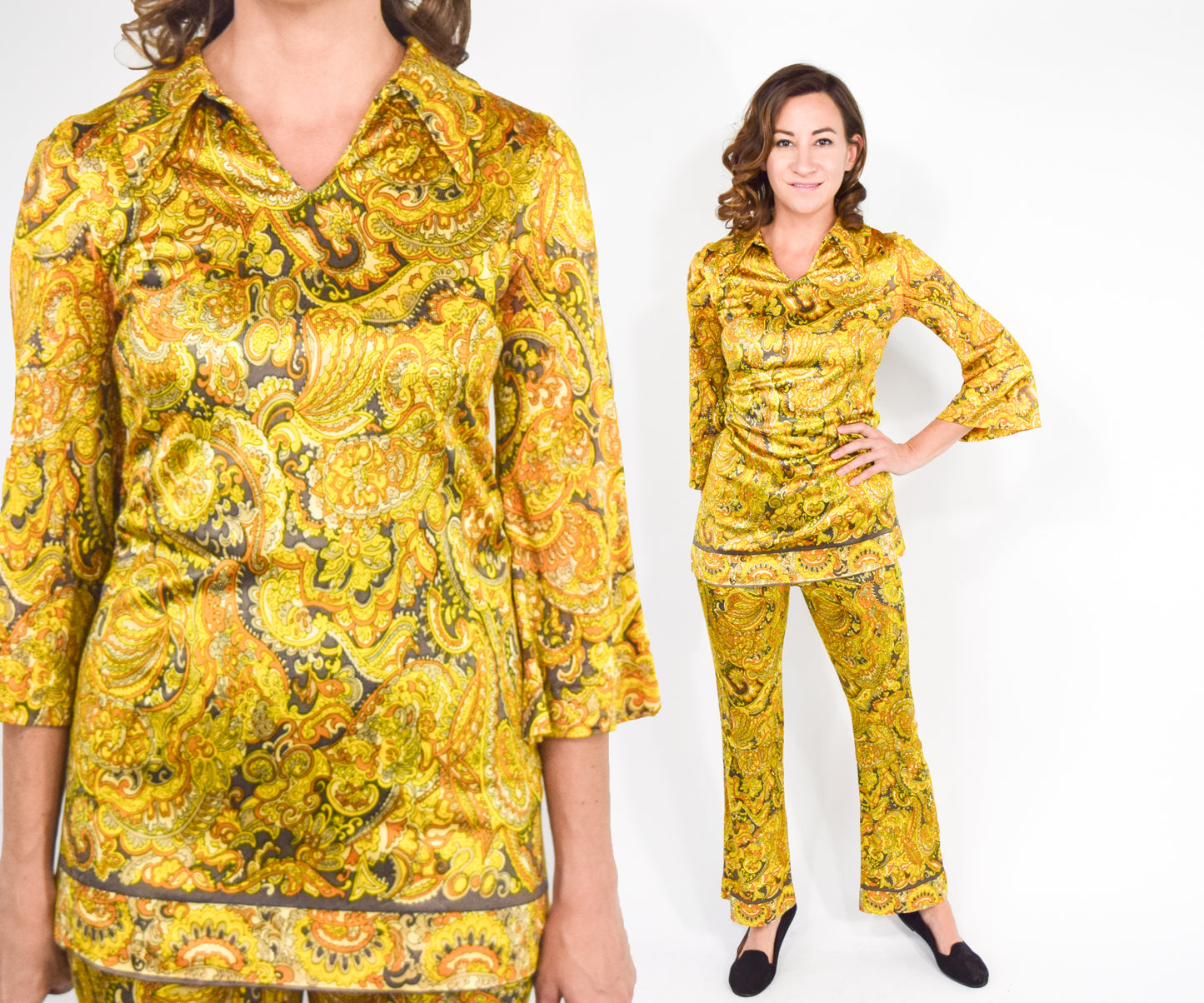 1970s Yellow Tunic Top & Pants Set, Extra Small
