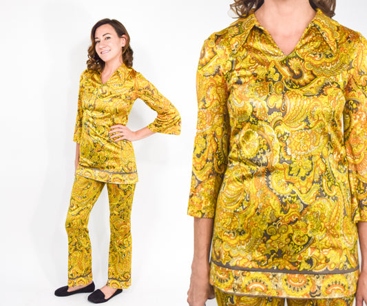 1970s Yellow Tunic Top & Pants Set, Extra Small