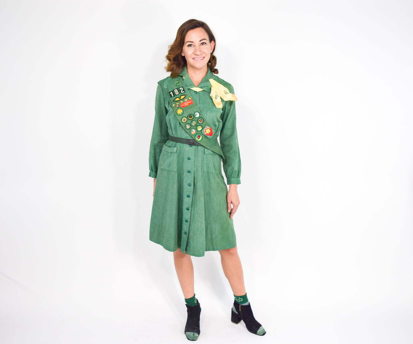 1940s Green Girl Scout Uniform Dress & Accessories, Small