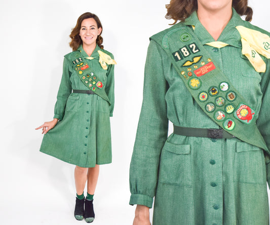 1940s Green Girl Scout Uniform Dress & Accessories, Small