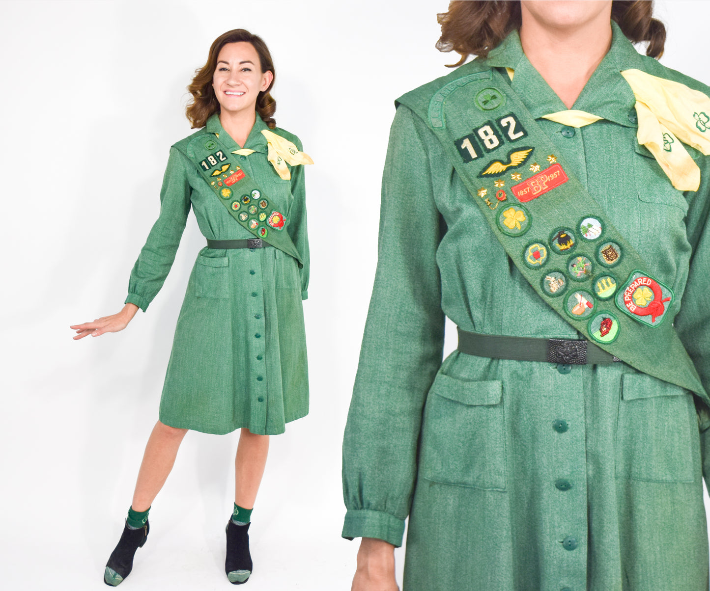 1940s Green Girl Scout Uniform Dress & Accessories, Small