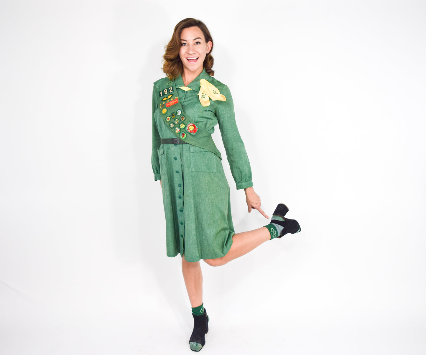 1940s Green Girl Scout Uniform Dress & Accessories, Small