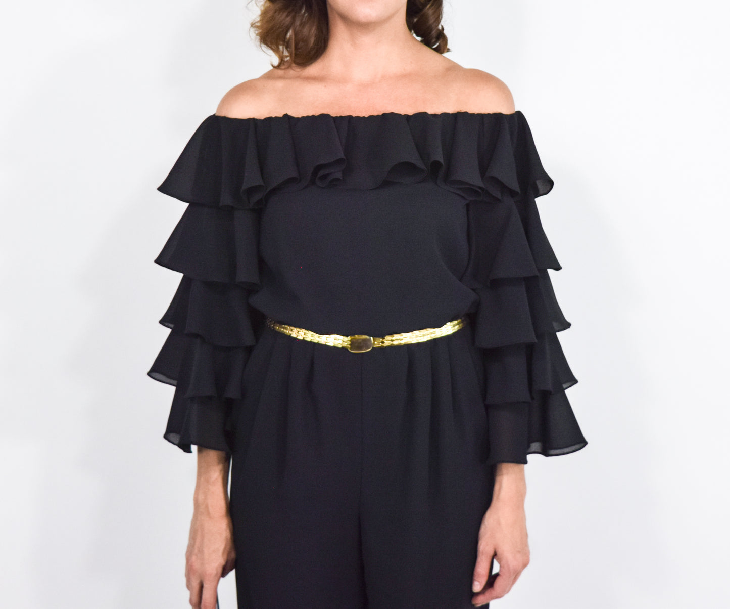 1970s Mignon Black Ruffle Sleeve Jumpsuit, Small