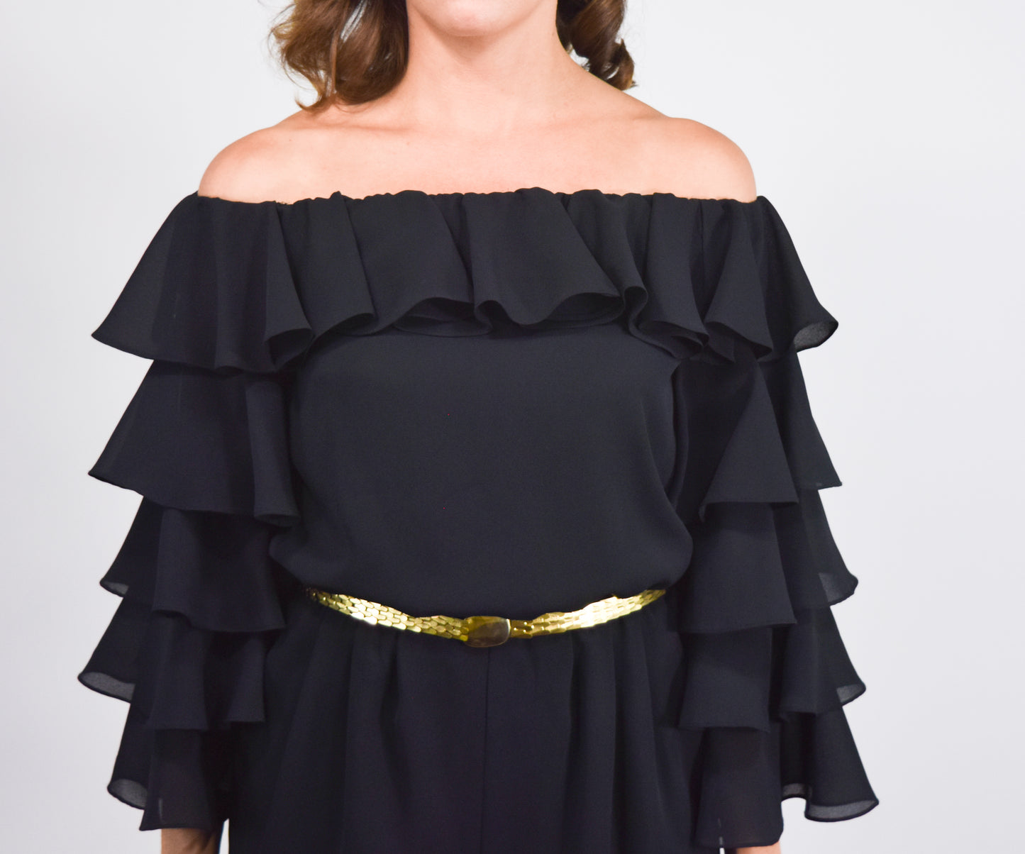 1970s Mignon Black Ruffle Sleeve Jumpsuit, Small