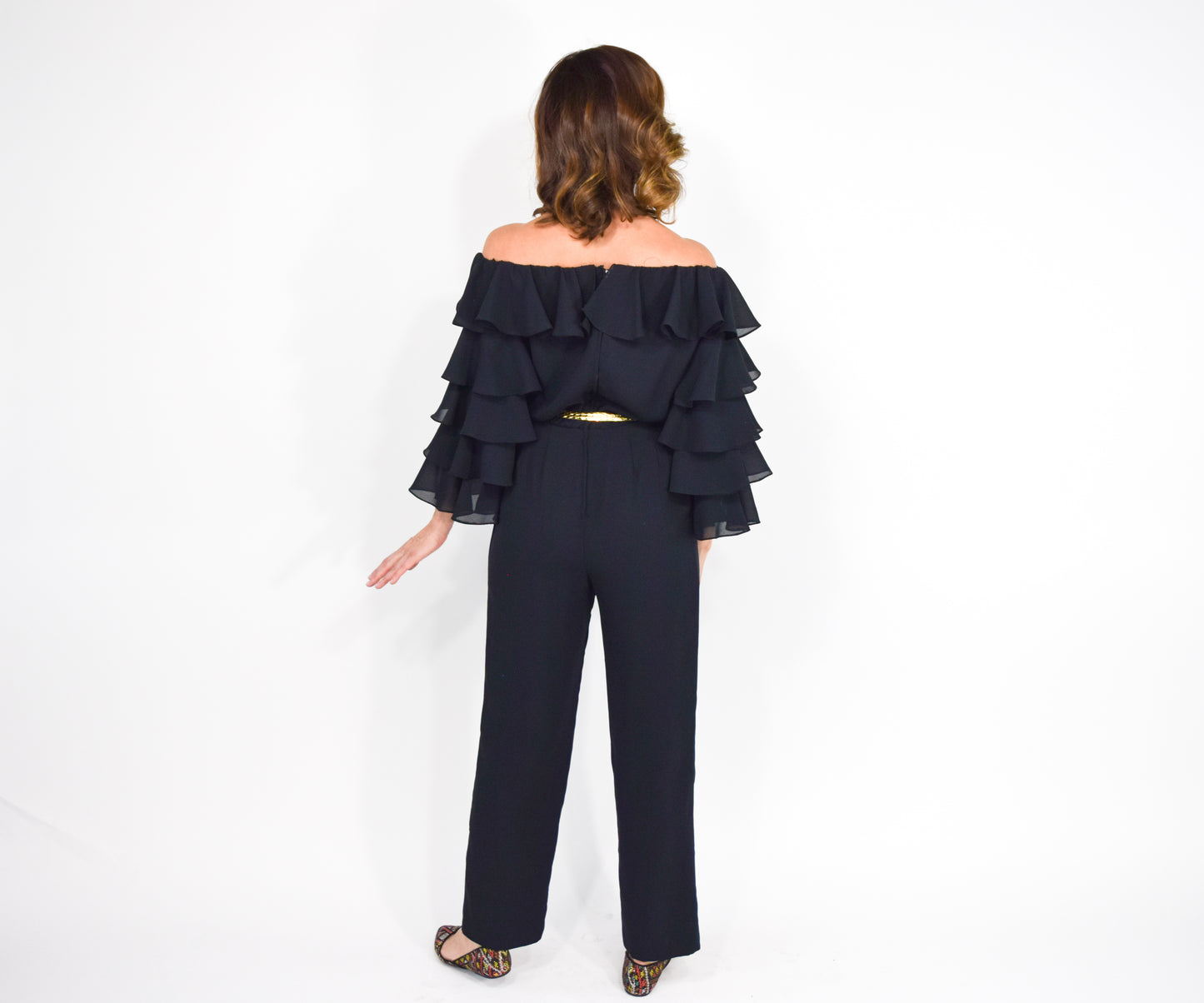 1970s Mignon Black Ruffle Sleeve Jumpsuit, Small